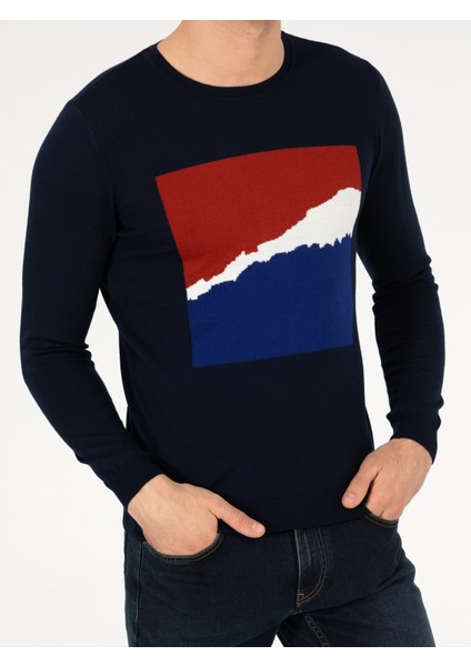 Erkek Lacivert Slim Fit Bisiklet Yaka Triko Kazak 50259300-VR033