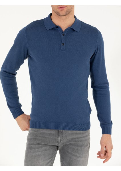 Erkek İndigo Slim Fit Pamuk Karışımlı Polo Yaka Basic Triko Kazak 50257384-VR028