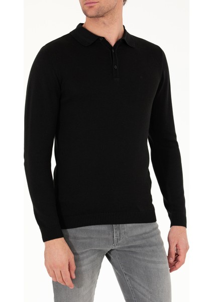 Erkek Siyah Slim Fit Pamuk Karışımlı Polo Yaka Basic Triko Kazak 50257384-VR046