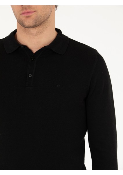 Erkek Siyah Slim Fit Pamuk Karışımlı Polo Yaka Basic Triko Kazak 50257384-VR046