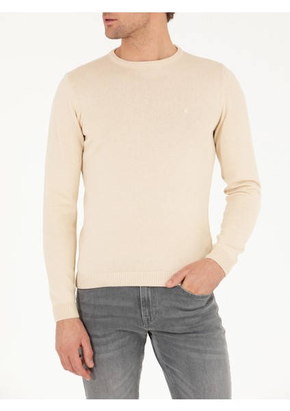 Erkek Bej Slim Fit Pamuk Karışımlı Bisiklet Yaka Basic Triko Kazak 50257379-VR011