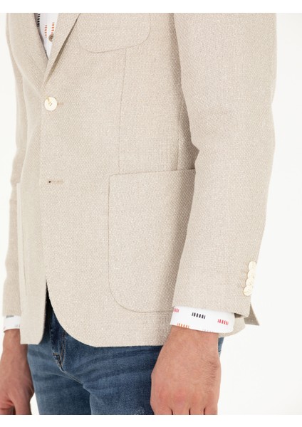 Erkek Ekru Slim Fit Keten Karışımlı Ceket 50264753-VR019