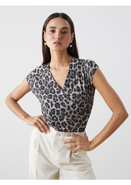 Yeni Sezon Kruvaze Yaka Leopar Desenli Kadin Bluz - S5JS71Z8