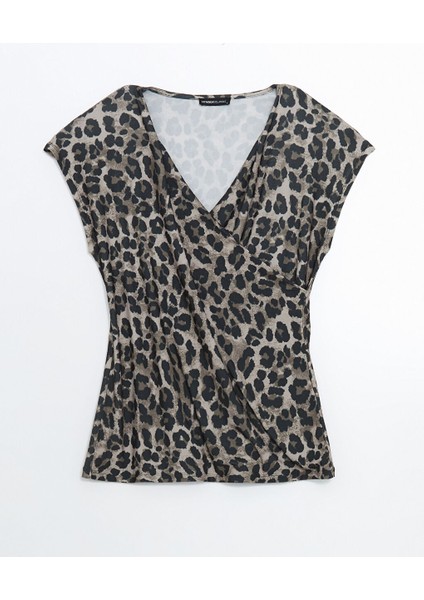 Yeni Sezon Kruvaze Yaka Leopar Desenli Kadin Bluz - S5JS71Z8