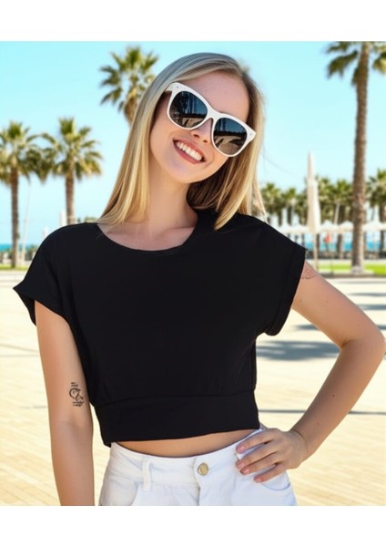 Casual Siyah Katlamalı Kollu Bisiklet Yaka Crop T-Shirt