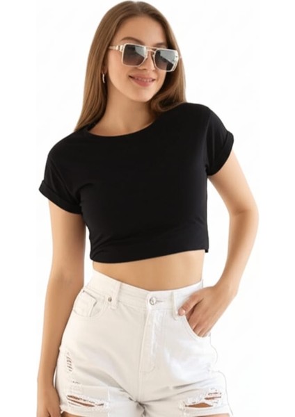 Casual Siyah Katlamalı Kollu Bisiklet Yaka Crop T-Shirt modelleri