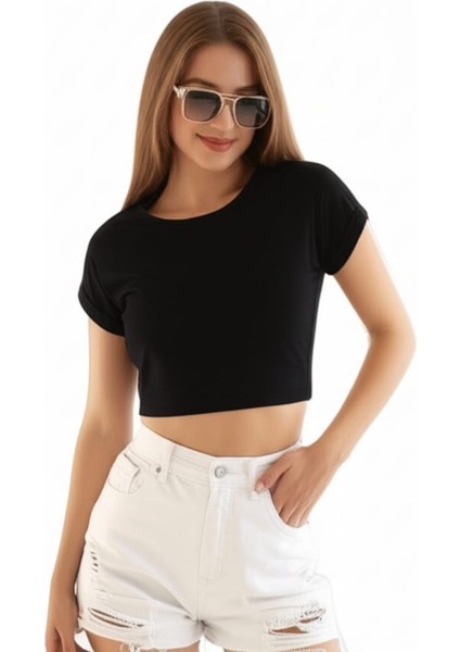 Casual Siyah Katlamalı Kollu Bisiklet Yaka Crop T-Shirt fırsatları