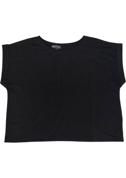 Casual Siyah Katlamalı Kollu Bisiklet Yaka Crop T-Shirt indirimleri