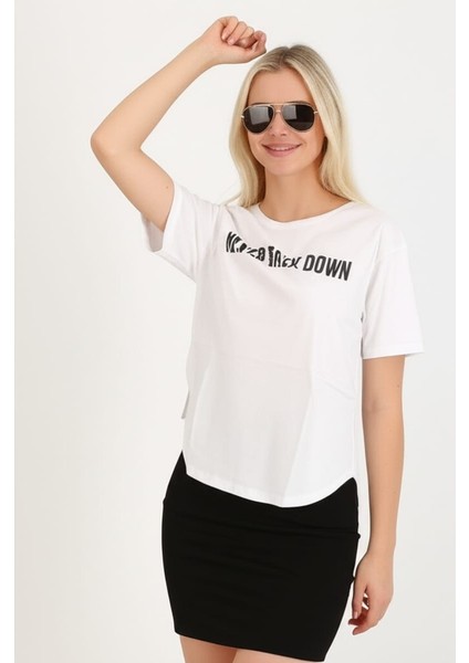 High-Low Yuvarlak Etek Uçlu Kısa Kollu Bisiklet Yaka Baskılı T-Shirt