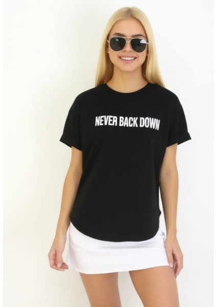 High-Low Yuvarlak Etek Uçlu Kısa Kollu Bisiklet Yaka Baskılı T-Shirt