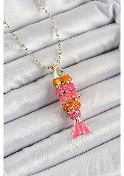 Pirinç Pembe ve Turuncu Balık Model Zirkon Taşlı Gold Renk Kadın Kolye