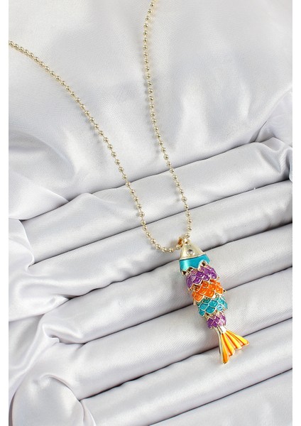 Pirinç Rainbow Balık Model Zirkon Taşlı Gold Renk Kadın Kolye