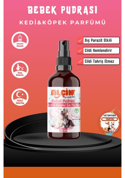 Kedi ve Köpek Parfümü Parazit Karşıtı Içerikli Bebek Pudrası Kokulu 100 ml. Cam Şişe