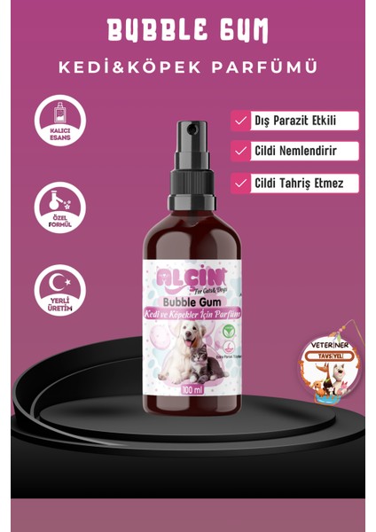 Kedi ve Köpek Parfümü Parazit Karşıtı Içerikli Bubble Gum Kokulu 100 ml Cam Şişe