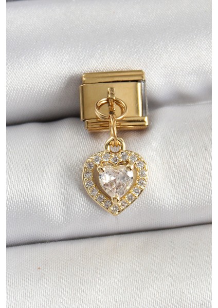 Çelik Sallantılı Zirkon Taşlı Kalp Model Gold Renk Nomination Charm
