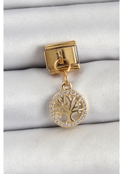 Çelik Sallantılı Zirkon Taşlı Hayat Ağacı Model Gold Renk Nomination Charm