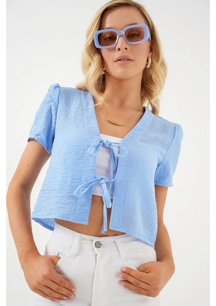 Kısa Kol Crop Bluz 958 - Mavi