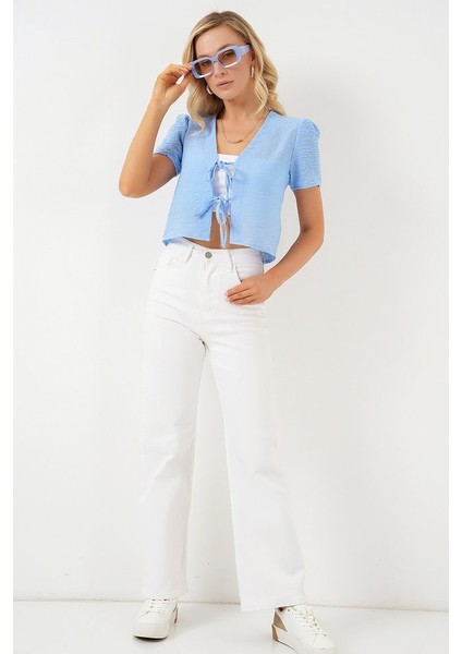 Kısa Kol Crop Bluz 958 - Mavi fiyatları