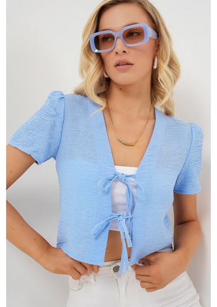 Kısa Kol Crop Bluz 958 - Mavi modelleri