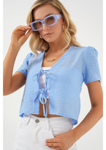 Kısa Kol Crop Bluz 958 - Mavi fırsatları