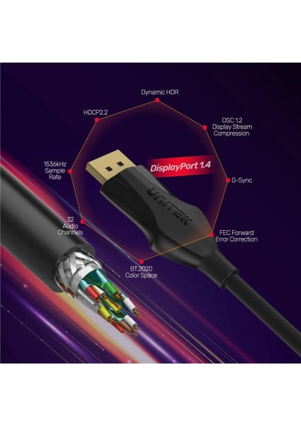 Unıtek Dısplayport 1.4 Kablo 2mt 8K&60Hz (C1624BK-2M)