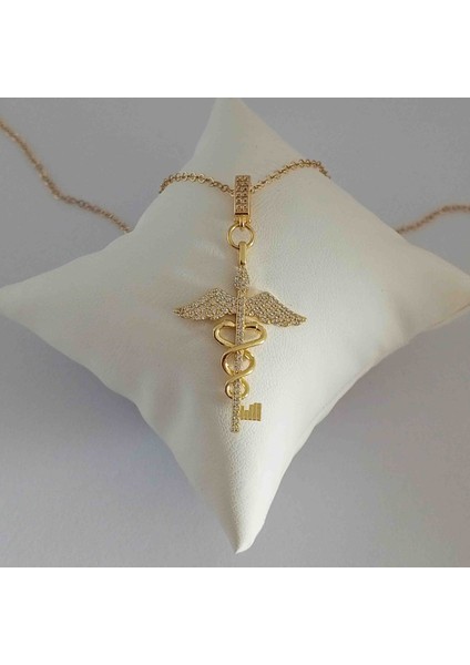 Sağlık ve Şifa Sembolü Kolye Gold Pirinç Zirkon Taşlı Kanatlı Anahtar Tasarım