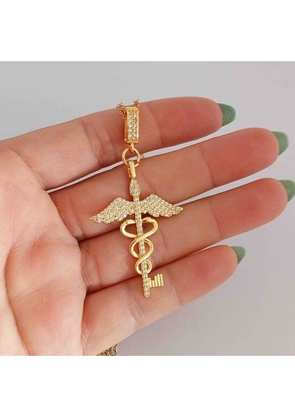 Sağlık ve Şifa Sembolü Kolye Gold Pirinç Zirkon Taşlı Kanatlı Anahtar Tasarım fiyatları