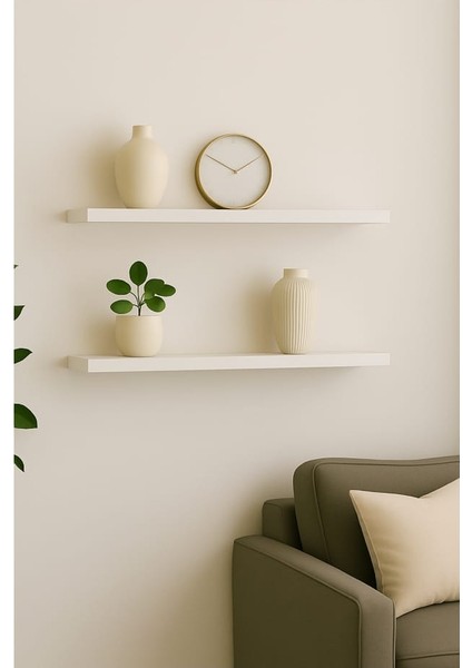 50 cm 2li Mat Beyaz Mdf Uçan Duvar Rafı Gizli Bağlantı Kitaplık
