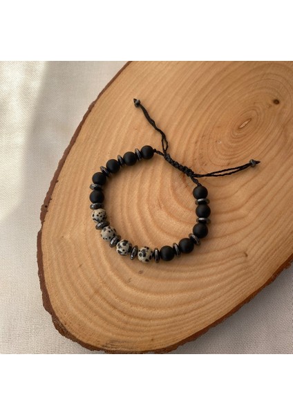 8 mm Jasper - Oniks Taşlı Makrome Örgü Bileklik