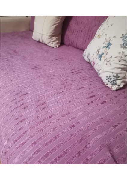 Bambu Çizgili Süngerli Kadife Kaymaz Lila Renk Çekyat Koltuk Örtüsü 170X210