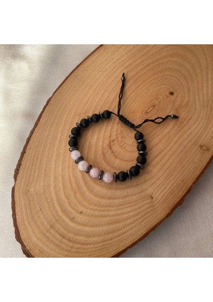 8 mm Pembe Kuvars - Oniks Doğal Taş Makrome Örme Bileklik