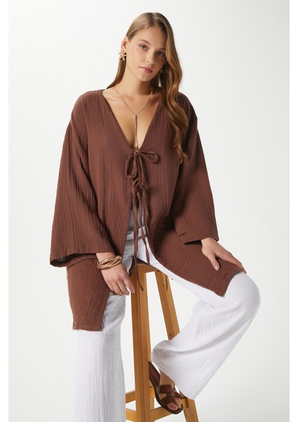 Kadın Sandra %100 Pamuk Müslin Bağcıklı Kahvrengi Kimono