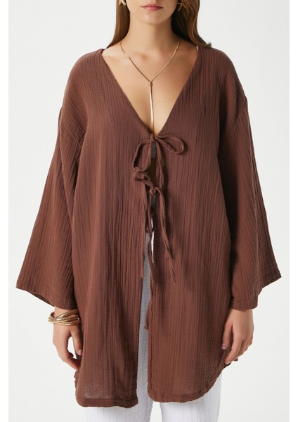 Kadın Sandra %100 Pamuk Müslin Bağcıklı Kahvrengi Kimono modelleri