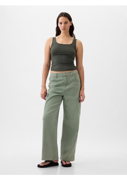 Kadın Yeşil High Rise Stride Wide-Leg Kargo Ankle Jean Pantolon indirimleri