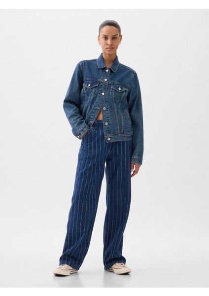 Kadın Koyu Mavi Mid Rise '90S Loose Çizgili Carpenter Jean Pantolon