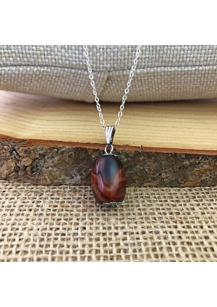 Doğal Silindir Kesim Kahverengi Desenli Akik Taşı Kolye