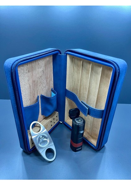 %100 Deri Profesyonel Puro Çantası Seyahat Humidoru 3'lü Set (Puro Makası, Puro Çakmağı, Humidor)