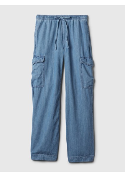 Kadın Mavi High Rise Pull-On Kargo Jean Pantolon modelleri