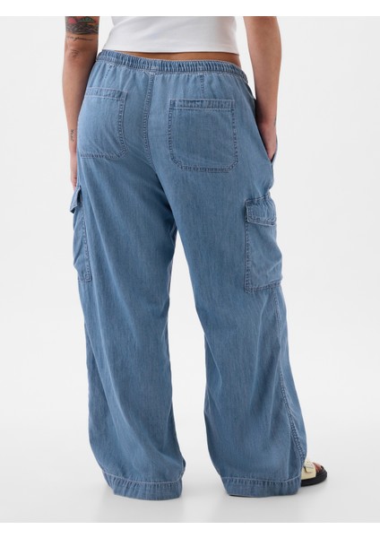 Kadın Mavi High Rise Pull-On Kargo Jean Pantolon fırsatları