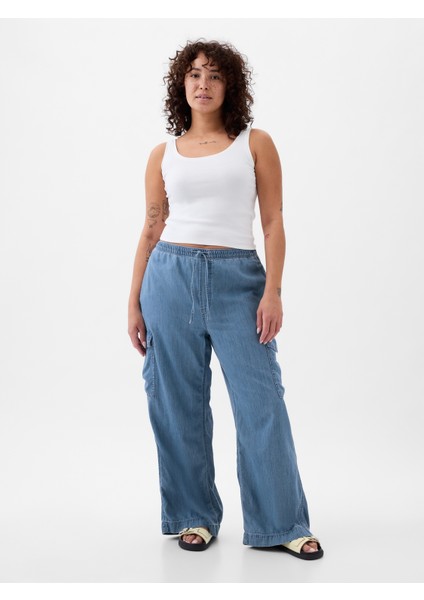 Kadın Mavi High Rise Pull-On Kargo Jean Pantolon indirimleri