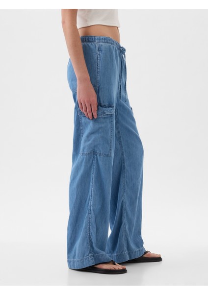 Kadın Mavi High Rise Pull-On Kargo Jean Pantolon