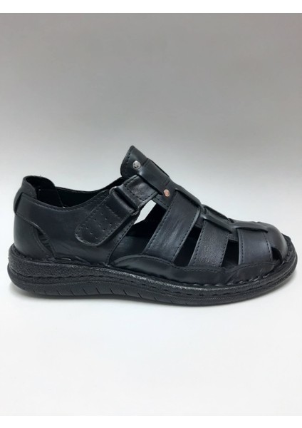 Hakiki Deri Siyah Renk Cırtlı Günlük Rahat Tabanlı Erkek Sandalet C-872567