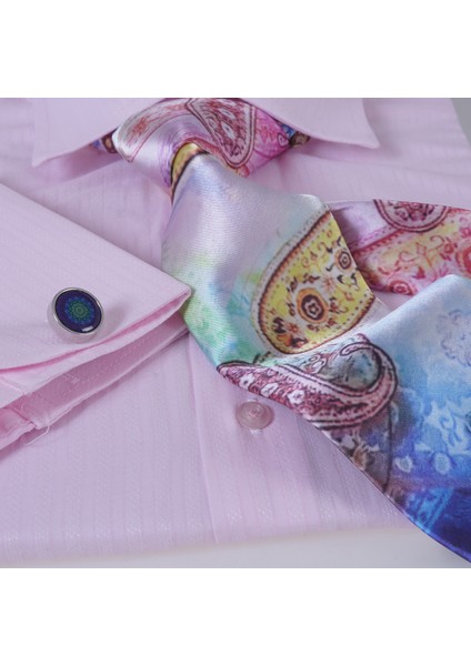 Pembe Kendinden Çizgili Hediyelik Kutulu Duble Manşet Gömlek Kol Düğmesi ve Kravat Seti