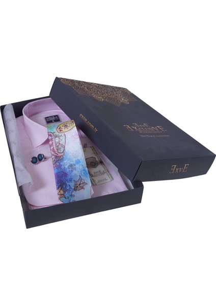 Pembe Kendinden Çizgili Hediyelik Kutulu Duble Manşet Gömlek Kol Düğmesi ve Kravat Seti fiyatları