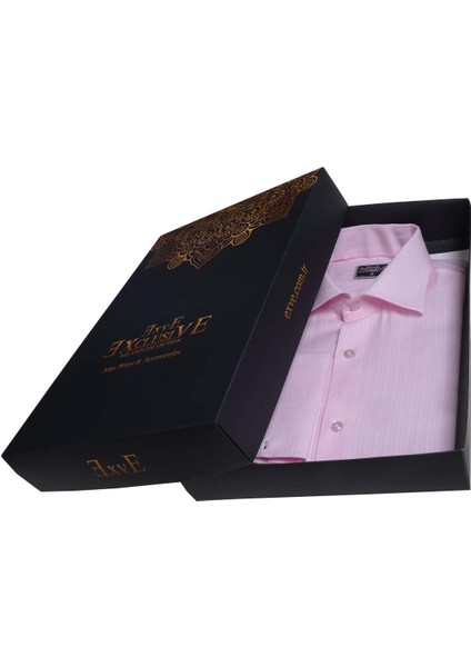 Pembe Kendinden Çizgili Hediyelik Kutulu Duble Manşet Gömlek Kol Düğmesi ve Kravat Seti modelleri