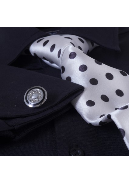 Siyah Hediyelik Kutulu Duble Manşet Gömlek Kol Düğmesi ve Kravat Seti