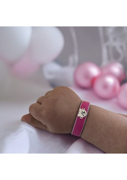 E Harfine Özel 14 Ayar Altın Plakalı Pembe Derili Ayıcık Motifli Hediye BILEKLIK-458HARF