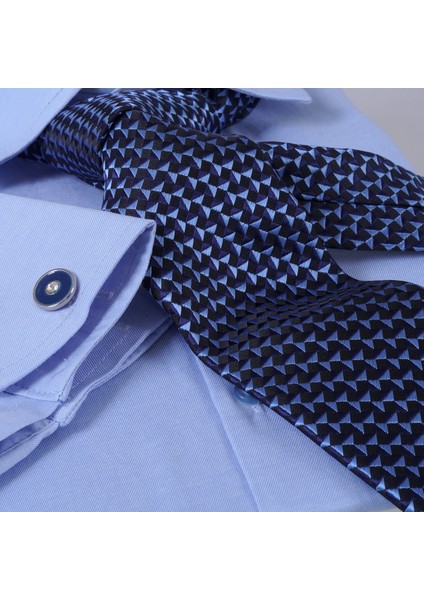 Gök Mavi Kendinden Çizgili Hediyelik Kutulu Duble Manşet Gömlek Kol Düğmesi ve Kravat Seti