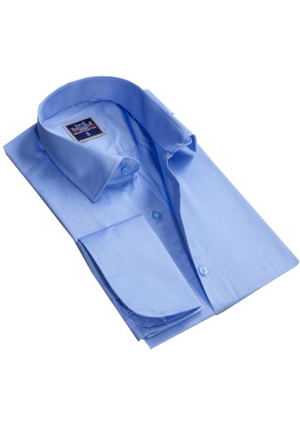 Gök Mavi Kendinden Çizgili Hediyelik Kutulu Duble Manşet Gömlek Kol Düğmesi ve Kravat Seti modelleri