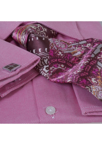 Pembe Elegant Oxford Hediyelik Kutulu Duble Manşet Gömlek Kol Düğmesi ve Kravat Seti